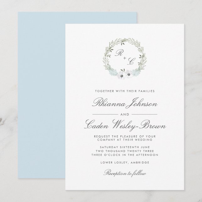 Invitation Mariage de monogramme de couronne d'anémone vintag (Devant / Derrière)