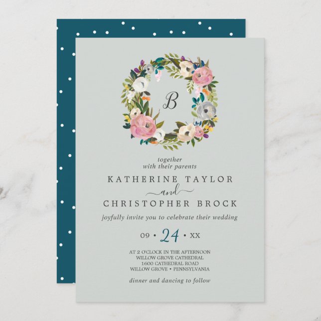 Invitation Mariage de monogramme de couronne florale peinte (Devant / Derrière)
