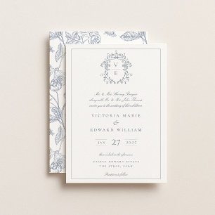 Invitation Mariage de monogramme de crête bleu poussiéreux