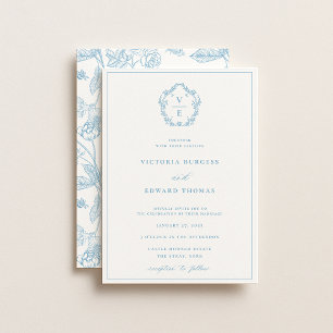 Invitation Mariage de monogramme de crête bleu vintage