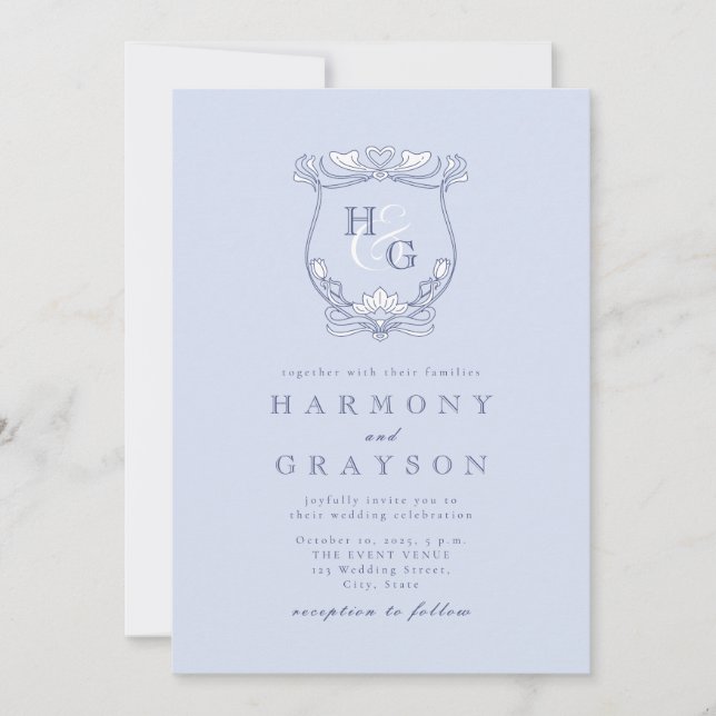 Invitation Mariage de monogramme de crête bleue (Devant)