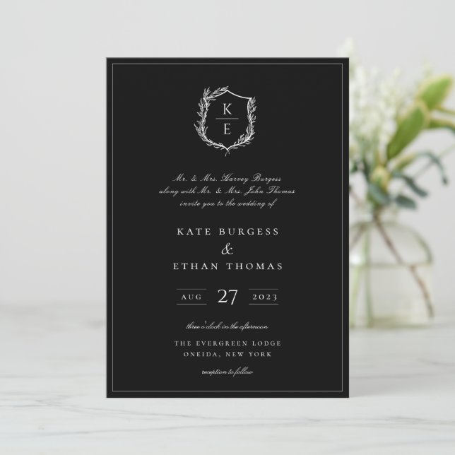 Invitation Mariage de monogramme de crête botanique (Debout devant)