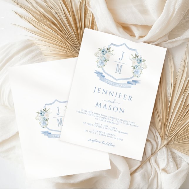 Invitation Mariage de monogramme de crête florale bleu clair (Créateur téléchargé)
