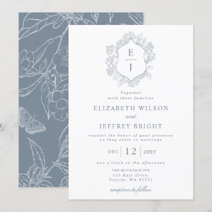 Invitation Mariage de monogramme de crête florale bleu-poussi