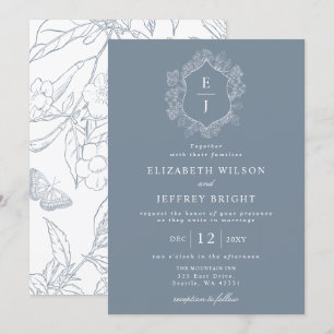 Invitation Mariage de monogramme de crête florale bleu-poussi