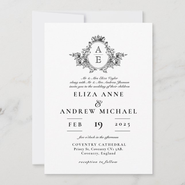 Invitation Mariage de Monogramme de crête noire et blanche cl (Devant)