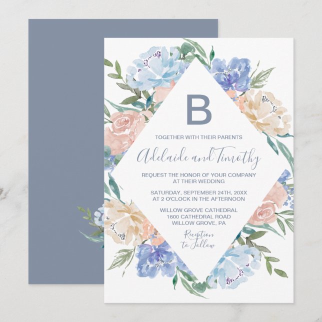 Invitation Mariage de monogramme de diamant bleu Dusty (Devant / Derrière)