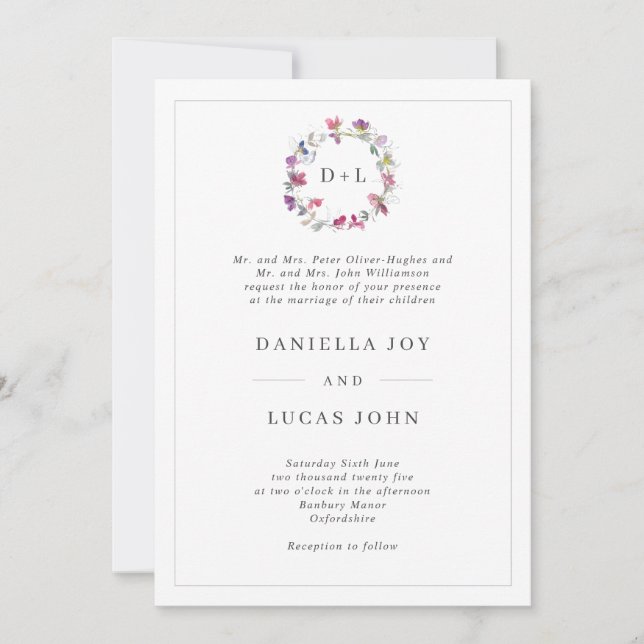 Invitation Mariage de monogramme de fleurs de pois doux (Devant)