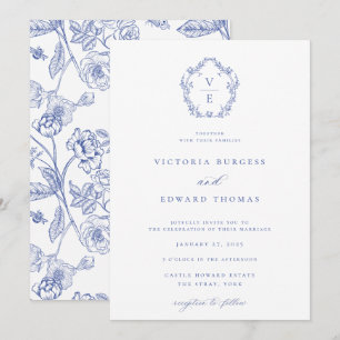Invitation Mariage de monogramme de la crête bleue Regency