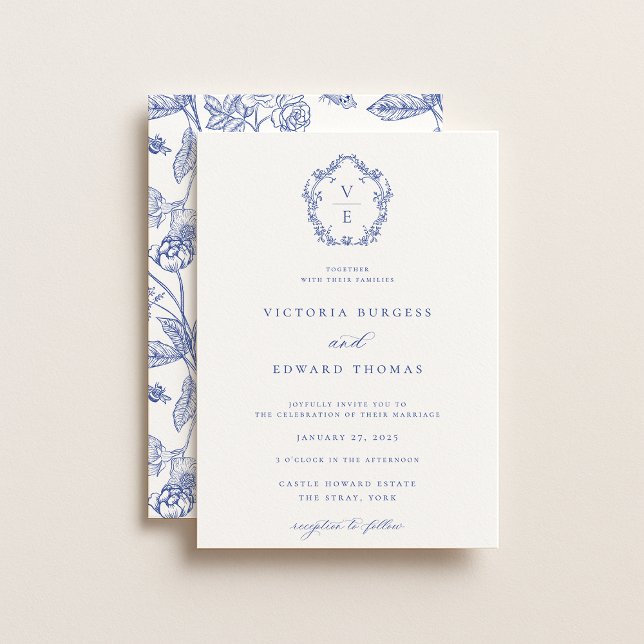 Invitation Mariage de monogramme de la crête bleue Regency (Créateur téléchargé)