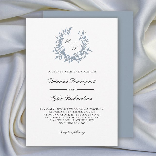 Invitation Mariage de monogramme de la crête botanique bleu D (Available in both printed and paperless digital download formats.)