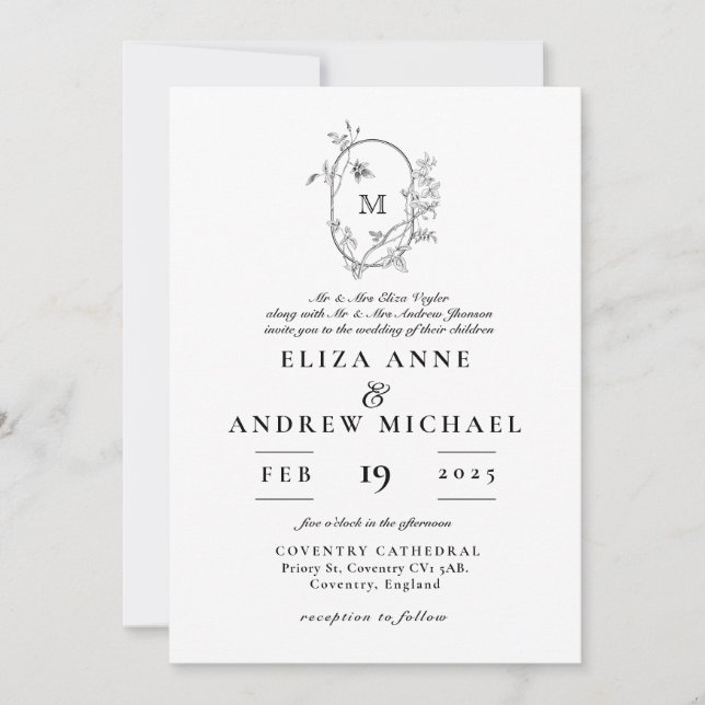 Invitation Mariage de monogramme de la crête florale (Devant)