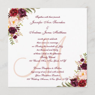 Invitation Mariage de monogramme de la florale rouge de Bourg
