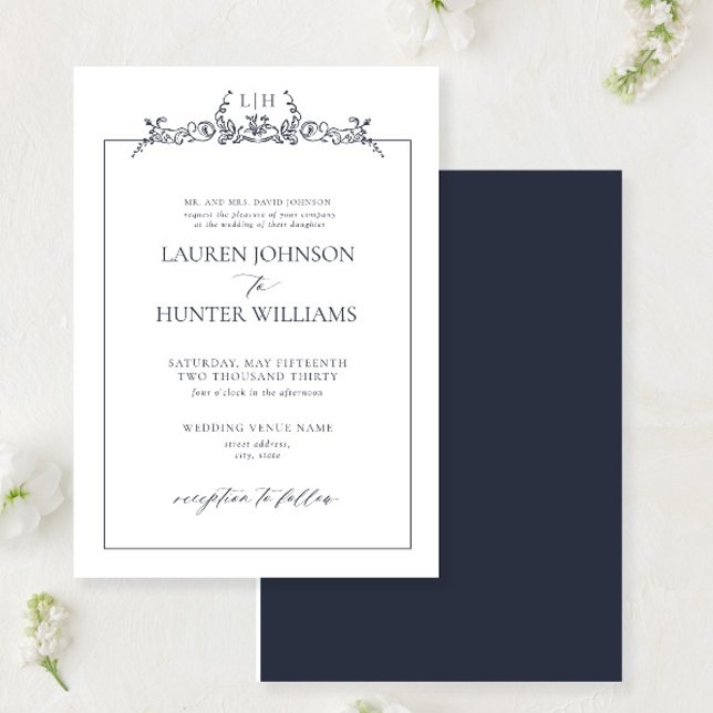 Invitation Mariage de monogramme de la frontière florale bleu (Créateur téléchargé)