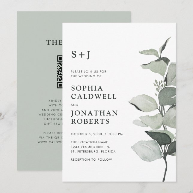 Invitation Mariage de monogramme de l'échelle de code QR Euca (Devant / Derrière)