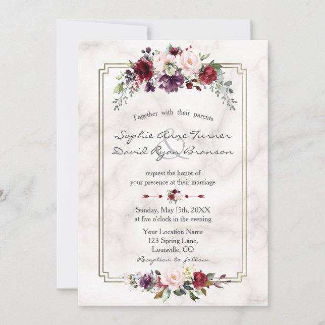 Invitation Mariage de monogramme de marbre d'or Royal Bourgog (Devant)