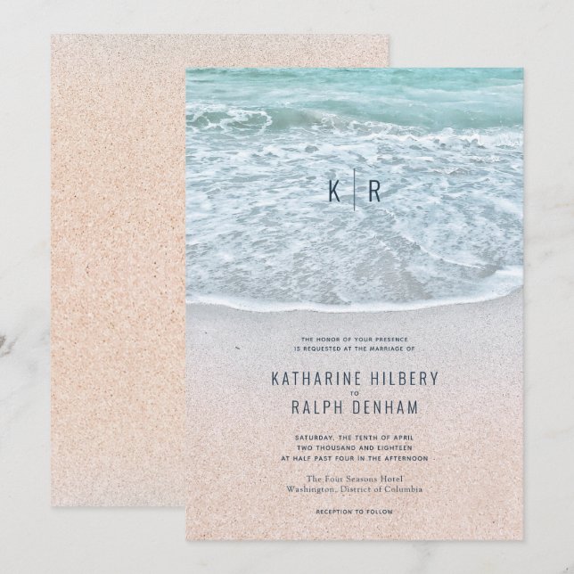 Invitation Mariage de monogramme de plage de sable et d'océan (Devant / Derrière)