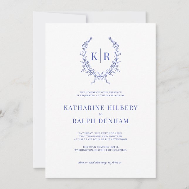 Invitation Mariage de monogramme de poignets bleu et ruban (Devant)