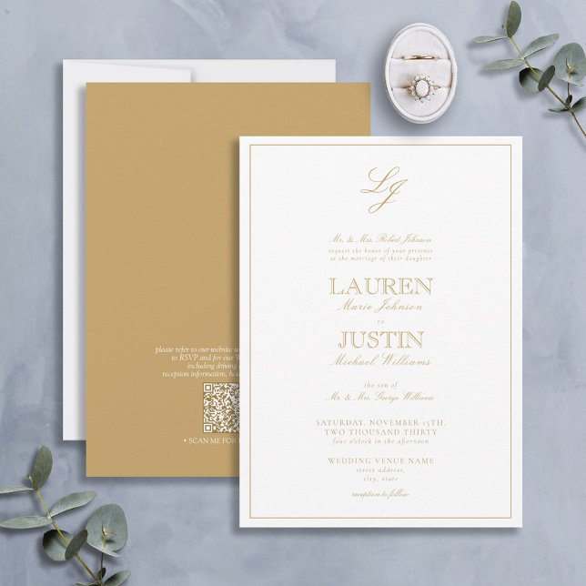 Invitation Mariage de monogramme de script or classique QR Co (Créateur téléchargé)
