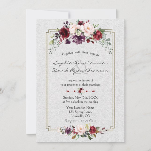 Invitation Mariage de monogramme d'or Floral Royal Bourgogne (Devant)