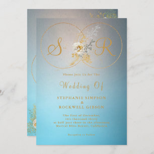 Invitation Mariage de monogramme d'or Turquoise