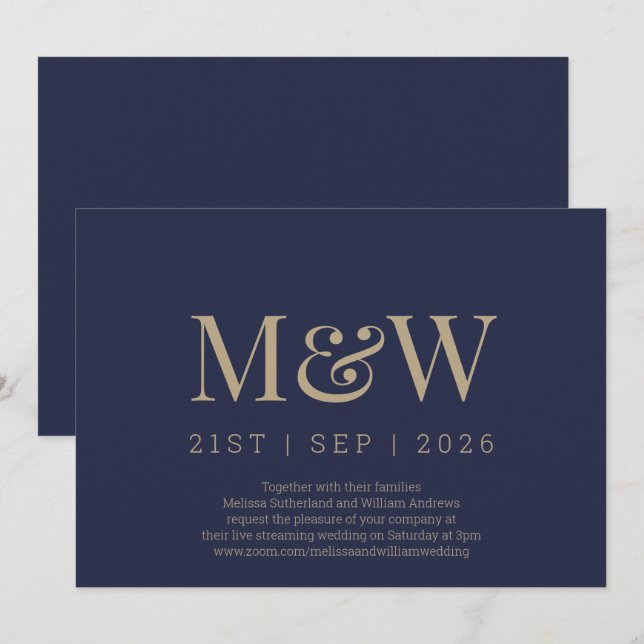 Invitation Mariage de monogramme d'or Virtual Modern Navy (Devant / Derrière)