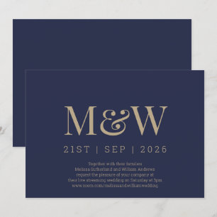 Invitation Mariage de monogramme d'or Virtual Modern Navy