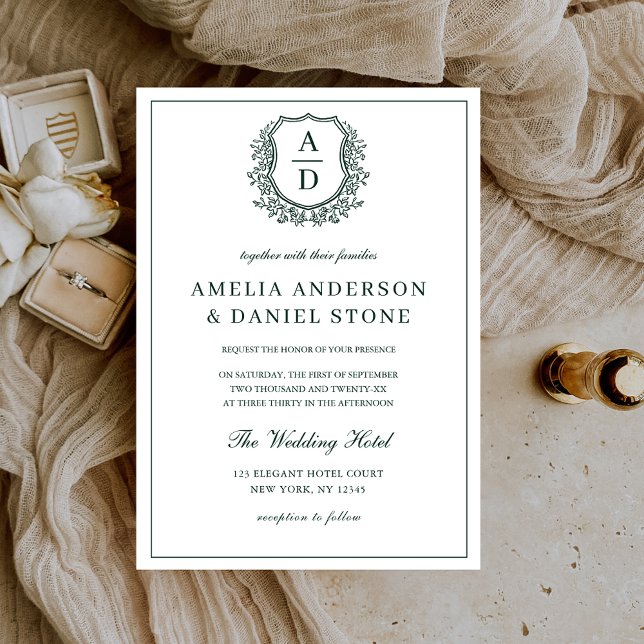 Invitation Mariage de monogramme Emerald Green Floral Crest (Créateur téléchargé)