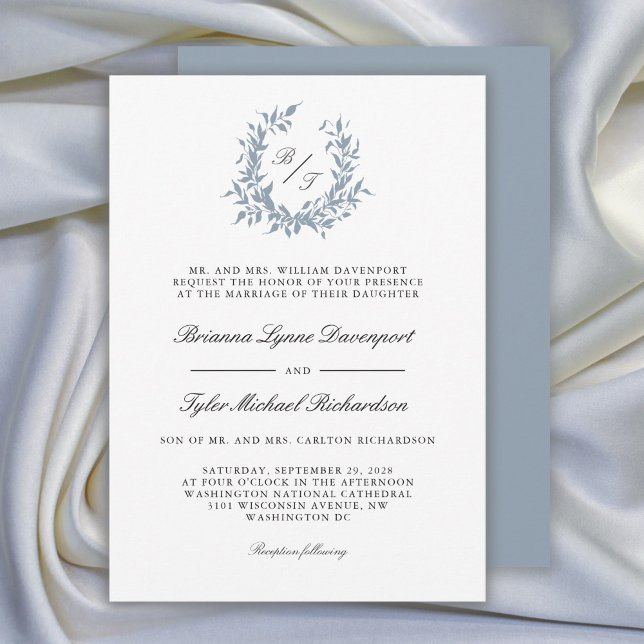 Invitation Mariage de monogramme en poitrine bleue Dusty (Available as both printed and paperless digital download!)