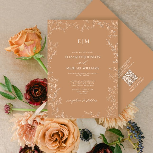 Invitation Mariage de monogramme en terre cuite à feuilles él (Créateur téléchargé)