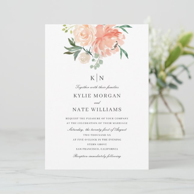 Invitation Mariage de monogramme floral à l'aquarelle douce (Debout devant)