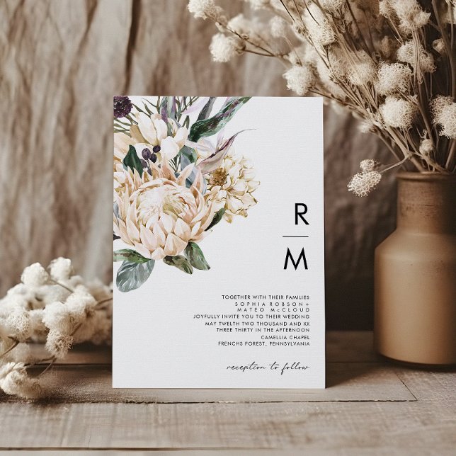 Invitation Mariage de monogramme floral blanc (Créateur téléchargé)