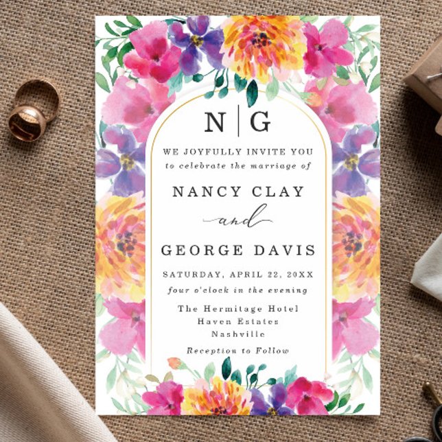 Invitation Mariage de monogramme floral coloré tropical (Créateur téléchargé)