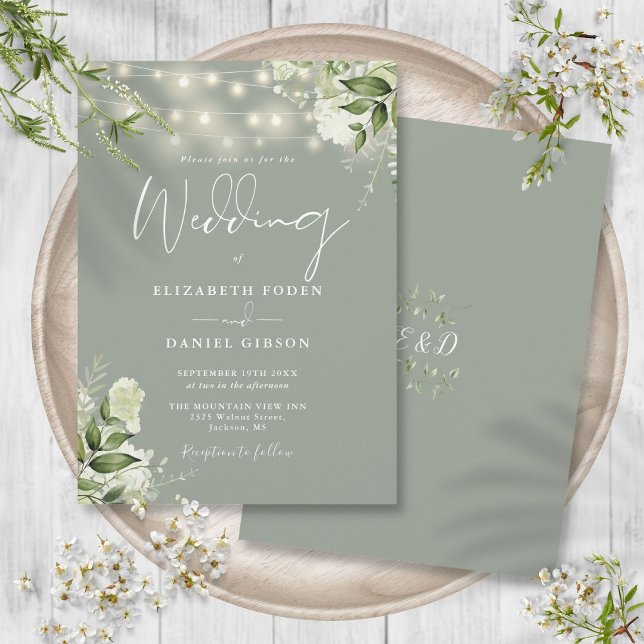 Invitation Mariage de monogramme floral Sage Green (Sage Green String Lights Floral Monogram Wedding Invitation)