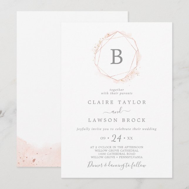 Invitation Mariage de monogramme géométrique rose Gold Waterc (Devant / Derrière)