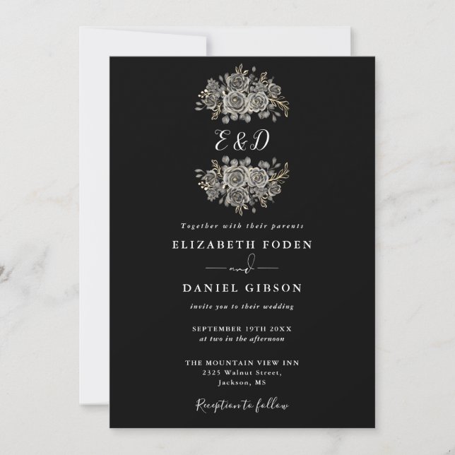 Invitation Mariage de monogramme gothique noir et blanc (Devant)
