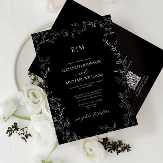 Invitation Mariage de monogramme noir blanc à feuilles élégan (Créateur téléchargé)