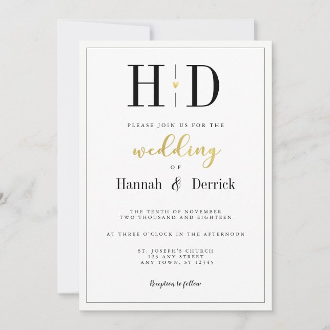Invitation Mariage de monogramme noir blanc et or classique (Devant)