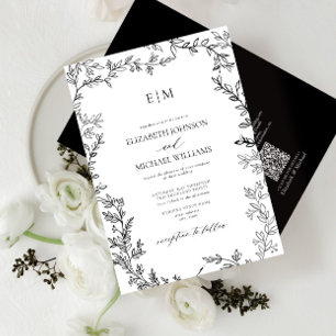 Invitation Mariage de monogramme noir blanc noir QR Code feui