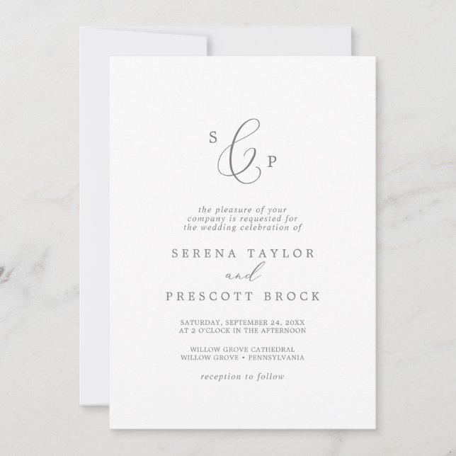 Invitation Mariage de monogramme officiel en argent délicat (Devant)