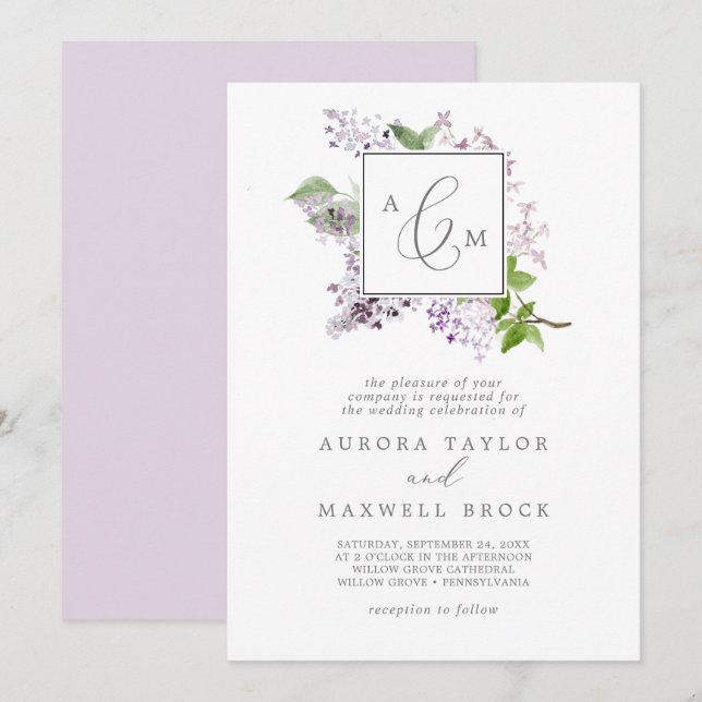 Invitation Mariage de monogramme officiel Lilac rustique (Devant / Derrière)