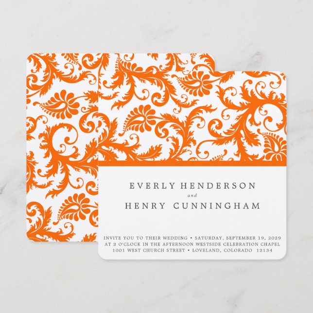 Invitation Mariage de monogramme Orange Damask (Devant / Derrière)