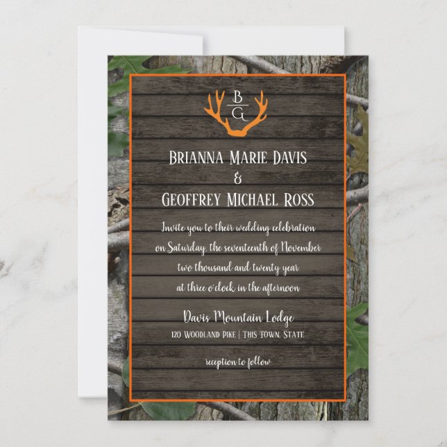 Invitation Mariage de monogramme pour Antlers Camo Woodland (Devant)