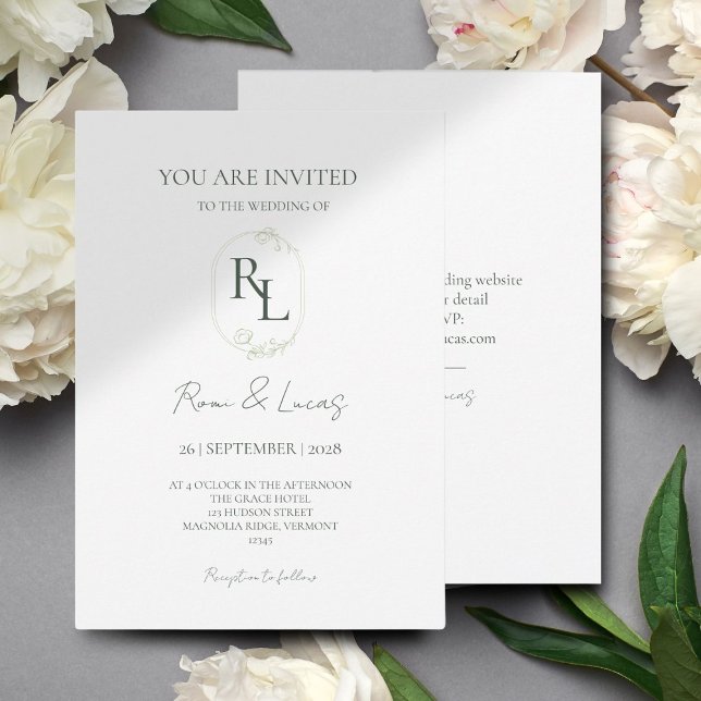 Invitation Mariage de monogramme vert chic (Créateur téléchargé)