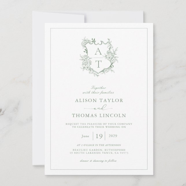 Invitation Mariage de monogramme vert de l'aire de crête offi (Devant)