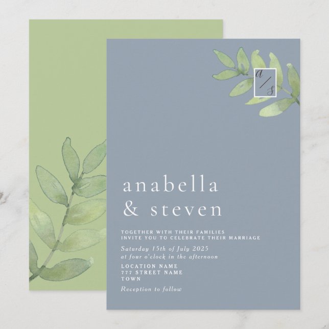 Invitation Mariage de monogramme vert Dusty Blue Sage (Devant / Derrière)
