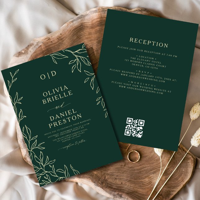 Invitation Mariage de monogramme vert émeraude du code QR (Créateur téléchargé)