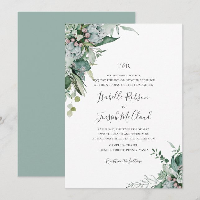 Invitation Mariage de Monogramme vert Sage de verdure Succule (Devant / Derrière)