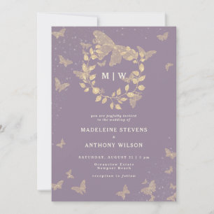 Invitation Mariage de monogrammes d'or Lilac Wreath papillon