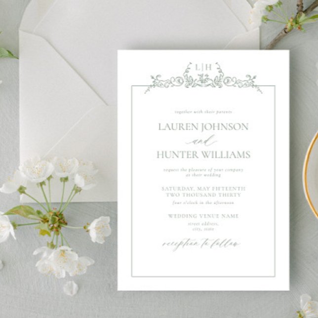 Invitation Mariage de monographie florale verte Sage (Créateur téléchargé)